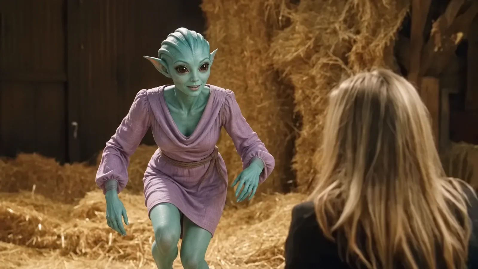 A teal alien cast as the tiptoeing dancer in a faster animated GIF