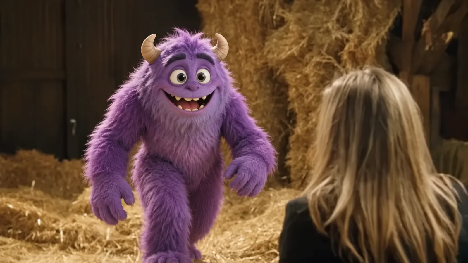 A purple cartoon monster looping through the AI barn-dance meme